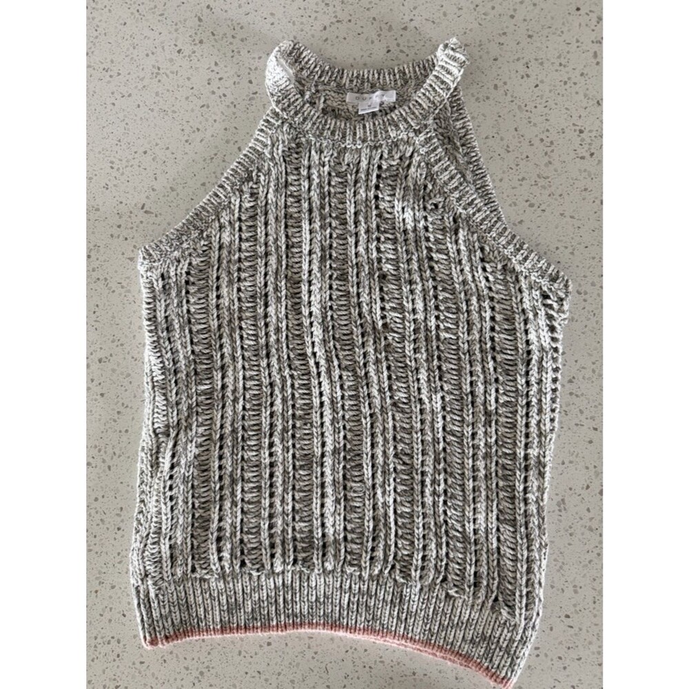 DUFFY Chunky Knit Sweater - Cream & Gray with Pink Trim Halter Sleeveless Top S